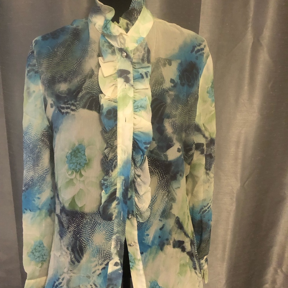 St John Chic Floral Ruffle Blouse - Blue and Green chiffon silk